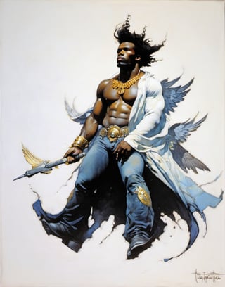 an oil painting, a masterpiece, a black male angel, wings spread,  art by TavitaNiko, art by mel odom, art by Klimt , art by brom, art by Warhol, art by frazetta, 