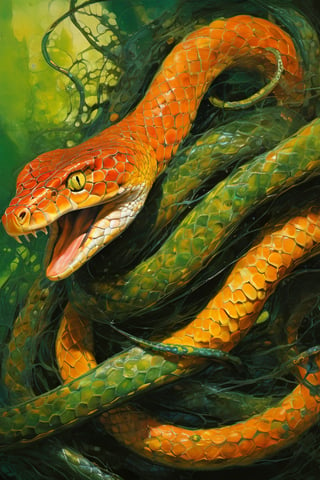  art by simon bisley, art by Brom, art by ralph steadman, art by gustav klimt, a slithering poisonous snake in a tropical jungle, resplendant in colour and intricate detail,  a masterpiece, realistic,  The artwork is a masterpiece, boasting incredible detail and a sense of depth that pulls the viewer in.