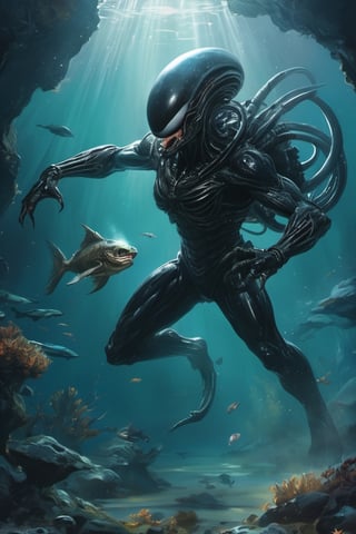 an alien xenomorph launches itself at a nearby victim, black shiny carapace, drool, motion blur, underwater scene 