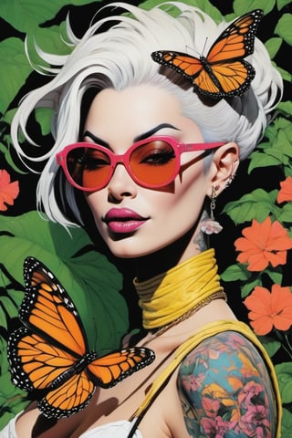 vogue portrait, Horror Comics style, art by brom, smiling people, poking tongue at viewer, lennon sunglasses, punk hairdo, tattoo by ed hardy, shaved hair, neck tattoos by andy warhol, heavily muscled, biceps, glam gore, horror, poster style, flower garden, oversized monarch butterflies, tropical fish, flower garden, 