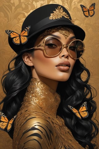 vogue cover art, black n white and gold kiss,  Horror Comics style, art by Klimt , art by glen Keane, smiling, gold transparent aviator sunglasses, fedora hat, heavily muscled, biceps, glam gore, horror, poster style, flower garden, ((Easter eggs, oversized monarch butterflies, tropical fish, flower garden))