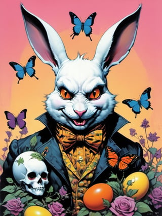 white rabbit with many baby rabbits, Easter theme, Horror Comics style, art by brom, tattoo by ed hardy, shaved hair, neck tattoos andy warhol, mad hatter top hat, heavily muscled, biceps,glam gore, horror, white rabbit, rabbit hole,  demonic, hell visions, demonic women, military poster style, chequer board, vogue easter bunny portrait, Horror Comics style, art by brom, smiling, tongue out, poking tongue at viewer, lennon sunglasses, rabbit ears, rabbit nose, rabbit fur, punk hairdo, tattoo by ed hardy, shaved hair, playboy bunny outfit, bunny tail, neck tattoos by andy warhol, heavily muscled, biceps, glam gore, horror, poster style, flower garden, Easter eggs, coloured foil, oversized monarch butterflies, tropical fish, flower garden,