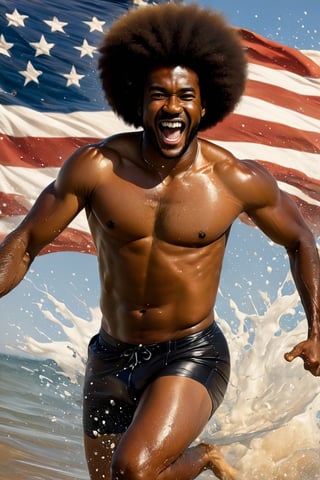 a mid section body shot photograph of a happy African American man, wearing Speedos swimwear, a very large Afro hairstyle, beach seawater running down his body, splashing seawater, very large American flag background, fluid motion, dynamic movement, cinematic lighting, palette knife, brown nipples, digital artwork by Beksinski,action shot,sweetscape, art by Klimt, airbrush art, ,photo r3al,ice and water,close up,Movie Poster