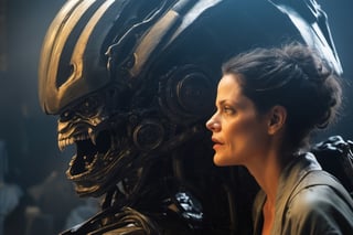 50 year old sigourney weaver as ripley, talking to Michael fass bender as David, low lighting, intense shadows, dripping blood and sweat, messed up, battling human troopers, art by hr giger, a masterpiece, hyper-realistic oil painting, a telephoto shot, 28 mm wide angle lens, f2, 8, a movie still photo, small depth of field,