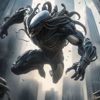 an alien xenomorph launches itself at a nearby victim, superman, motion blur, city skyscrapers, cinematic wide shot,