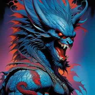 close up of the mans face, a sexy black african mans arm and shoulder, man is staring screaming at the viewer, raging, long hair, the arm and shoulder are covered in a very detailed intricate red and blue dragon tattoo that is protruding outfrom the skin, coming alive, its screaming, scratching, similar to dragon tattoo by Boris Vallejo, slowly you see the small dragon tattoo in parts is coming out of the skin and becoming a real version of the tattoo, sticking out, scales, extended claws, spit, spittle, blood drops, 16K, movie still, cinematic, ,omatsuri,DonMn1ghtm4reXL,DonMWr41thXL ,DonM5yn1hXL