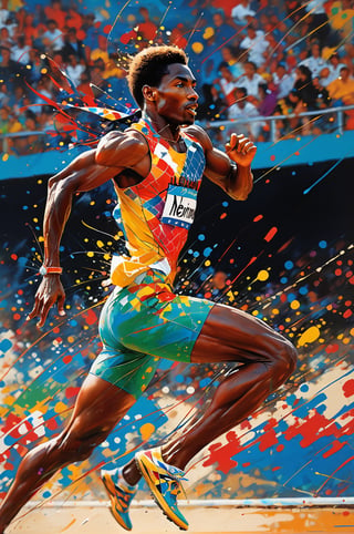 art by leRoy Neiman, colours by LeRoy Neiman,  abstract realism, a masterpiece, olympic track athlete, track and field sprint event ,wearing country of origin uniform, incredible detail, close up mid shot, an abstract oil painting, vibrant colours, abstract graffiti background, 