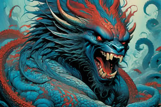 close up of the mans face, a sexy black african mans arm and shoulder, man is staring screaming at the viewer, raging, long hair, the arm and shoulder are covered in a very detailed intricate red and blue dragon tattoo that is protruding outfrom the skin, coming alive, its screaming, scratching, similar to dragon tattoo by Boris Vallejo, slowly you see the small dragon tattoo in parts is coming out of the skin and becoming a real version of the tattoo, sticking out, scales, extended claws, spit, spittle, blood drops, 16K, movie still, cinematic, ,omatsuri,DonMn1ghtm4reXL