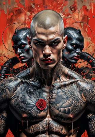 hell poster, manga style, an oil painting, a masterpiece, art by TavitaNiko, art by Vallejo, art by Klimt , art by giger, tattoo by ed hardy, shaved hair, neck tattoos andy warhol, heavily muscled, biceps,glam gore, horror, demonic, hell visions, demonic women, military poster style, asian art, chequer board,