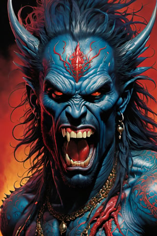 close up of the mans face, a sexy black african mans arm and shoulder, man is staring screaming at the viewer, raging, long hair, the arm and shoulder are covered in a very detailed intricate red and blue dragon tattoo that is protruding outfrom the skin, coming alive, its screaming, scratching, similar to dragon tattoo by Boris Vallejo, slowly you see the small dragon tattoo in parts is coming out of the skin and becoming a real version of the tattoo, sticking out, scales, extended claws, spit, spittle, blood drops, 16K, movie still, cinematic, ,omatsuri,DonMn1ghtm4reXL