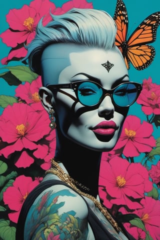 vogue portrait, Horror Comics style, art by brom, smiling people, poking tongue at viewer, lennon sunglasses, punk hairdo, tattoo by ed hardy, shaved hair, neck tattoos by andy warhol, heavily muscled, biceps, glam gore, horror, poster style, flower garden, oversized monarch butterflies, tropical fish, flower garden, 