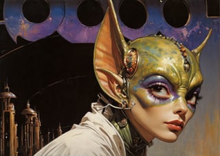 art by Masamune Shirow, art by J.C. Leyendecker, art by simon bisley, art by ralph steadman, a masterpiece, stunning beauty, hyper-realistic oil painting, star wars alien creatures, a portrait picture, incredible detail, fantasy portrait, smooth skin,  kaleidoscope graffiti background, Vogue, artint, frutiger, 