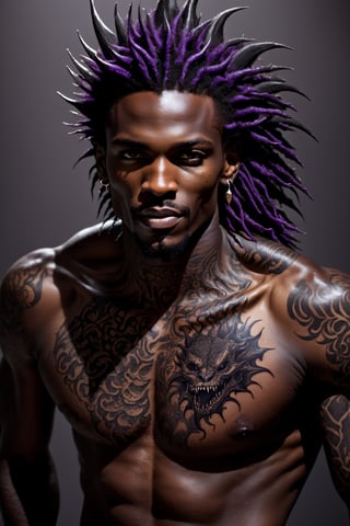 An sexy black african mans, long spikey hair, telephoto lens shot, man is sstaring straight out to the viewer, a wry smile on his face, the arm and shoulder are covered in a very detailed intricate dark purple, whie, black dragon tattoo that is protruding outfrom the skin, coming alive, its screaming, scratching, similar to dragon tattoo by Boris Vallejo, slowly you see the small dragon tattoo in parts is coming out of the skin and becoming a real version of the tattoo, sticking out, scales, extended claws, 16K, movie still, cinematic, 