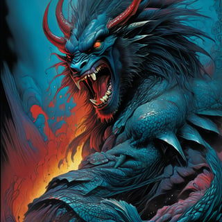 close up of the mans face, a sexy black african mans arm and shoulder, man is staring screaming at the viewer, raging, long hair, the arm and shoulder are covered in a very detailed intricate red and blue dragon tattoo that is protruding outfrom the skin, coming alive, its screaming, scratching, similar to dragon tattoo by Boris Vallejo, slowly you see the small dragon tattoo in parts is coming out of the skin and becoming a real version of the tattoo, sticking out, scales, extended claws, spit, spittle, blood drops, 16K, movie still, cinematic, ,omatsuri,DonMn1ghtm4reXL,DonMWr41thXL 