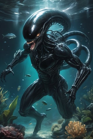 an alien xenomorph launches itself at a nearby victim, black shiny carapace, drool, motion blur, underwater scene 