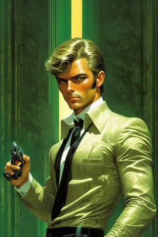 art by Masamune Shirow, art by J.C. Leyendecker, art by boris vallejo, a masterpiece, stunning beauty, hyper-realistic oil painting, vibrant colors, a James Bond type character, dark chiarascuro lighting, aiming a Luger pistol at the viewer, fighting bad guys, driving an Aston Martin, a telephoto shot, 1000mm lens, f2,8,vertical lines of green matrix code