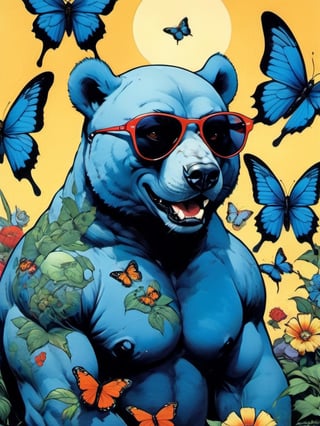 Blue bear with many baby bears, Horror Comics style, art by brom, tattoo by ed hardy, shaved hair, neck tattoos andy warhol, heavily muscled, biceps,glam gore, horror, blue bear, demonic, hell visions, demonic women, military poster style, chequer board, vogue bear portrait, Horror Comics style, art by brom, smiling, lennon sun glasses, punk hairdo, tattoo by ed hardy, shaved hair, neck tattoos by andy warhol, heavily muscled, biceps, glam gore, horror, poster style, flower garden, Easter eggs, coloured foil, oversized monarch butterflies, tropical fish, flower garden,retropunk style,vintagepaper,comic book