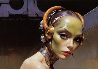 art by Masamune Shirow, art by J.C. Leyendecker, art by simon bisley, art by ralph steadman, a masterpiece, stunning beauty, hyper-realistic oil painting, star wars alien creatures, a portrait picture, incredible detail, fantasy portrait, smooth skin,  kaleidoscope graffiti background, Vogue, artint, frutiger, 