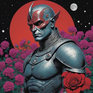 tin man from the wizard of oz, blood moon, Horror Comics style, art by brom, tattoo by ed hardy, shaved hair, neck tattoos by andy warhol, heavily muscled, biceps, glam gore, horror, poster style, flower garden, space constellation, ,art_booster