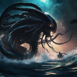 an alien xenomorph launches itself at a nearby giant octopus, black shiny carapace, tentacles, motion blur, underwater scene, 