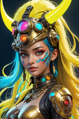 a masterpiece, stunning beauty, perfect face, epic love, Slave to the machine, full-body, hyper-realistic oil painting, vibrant colors, Body horror, wires, , native american war bonnet, a rusty and silver spotted steampunk spacesuit, women looking directly out to viewer, wry smile on her face, neon face with multiple coloured circuits on it, full face visor translucent dirty yellow colour, in the style of futuristic space, glamour, Steam punk steam punk animated gifs, xenomorph lookalike adornments, gun in hand, algorithmic artistry, frank frazetta style, perfect makeup, boris vallejo, pop art consumer culture, plain neon steampunk background, full figure pose, dripping paint, Leonardo Style, blacklight makeup, oni style,