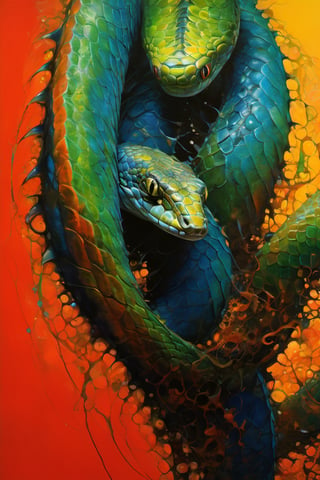  art by simon bisley, art by Brom, art by ralph steadman, art by gustav klimt, a slithering poisonous snake in a tropical jungle, resplendant in colour and intricate detail,  a masterpiece, realistic,  The artwork is a masterpiece, boasting incredible detail and a sense of depth that pulls the viewer in.