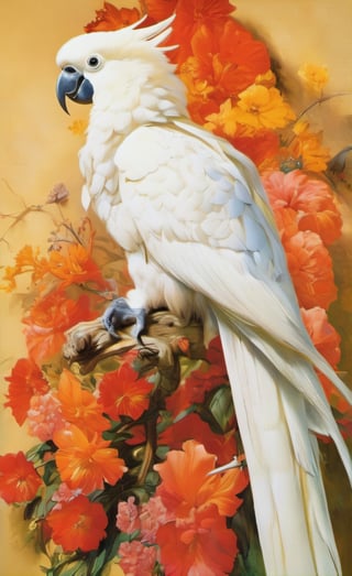 art by Masamune Shirow, art by J.C. Leyendecker, art by boris vallejo, a masterpiece, stunning beauty, hyper-realistic oil painting, vibrant colors, spanish women, 1950 art decor, 1950 art poster, black cockatoo, sulphur crested cockatoo, fashionistas, baroque style, art by armando huerta, art design by armando huertA,  tattoo by ed hardy, more detail XL,close up,Oil painting, 8k, highly detailed, Vogue style, a telephoto shot, 1000mm lens, f2,8,