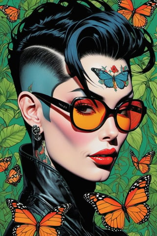 vogue portrait, Horror Comics style, art by brom, smiling people, poking tongue at viewer, lennon sunglasses, punk hairdo, tattoo by ed hardy, shaved hair, neck tattoos by andy warhol, heavily muscled, biceps, glam gore, horror, poster style, flower garden, oversized monarch butterflies, tropical fish, flower garden, 