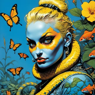 yellow snake with many baby yellow snakes, Horror Comics style, art by brom, tattoo by ed hardy, shaved hair, neck tattoos andy warhol, heavily muscled, biceps,glam gore, horror, blue bear, demonic, hell visions, demonic women, military poster style, chequer board, vogue snake portrait, Horror Comics style, art by brom, smiling, lennon sun glasses, punk hairdo, tattoo by ed hardy, shaved hair, neck tattoos by andy warhol, heavily muscled, biceps, glam gore, horror, poster style, flower garden, oversized monarch butterflies, tropical fish, flower garden,