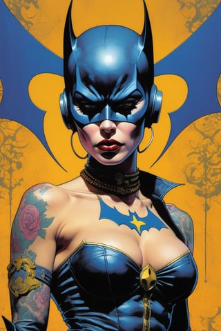 Batgirl , Horror Comics style, art by brom, tattoo by ed hardy, shaved hair, neck tattoos andy warhol, heavily muscled, biceps,glam gore, horror, demonic, hell visions, demonic women, military poster style, asian art, chequer board