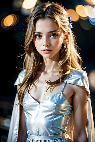 analog photo, upper body photo, a pretty celes chere, 22 years old, long blonde hair, white ballgown, white cape, hair bow, blue hair ribbon, shiny oiled skin, dark studio, black background, Porta 160 color, shot on ARRI ALEXA 65, bokeh, sharp focus on subject, shot by Don McCullin