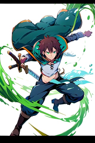 anime, kazuma, 1man, solo, brown hair, short hair, white shirt, pants, boots, green eyes, green cape, serious, sword, wowdk