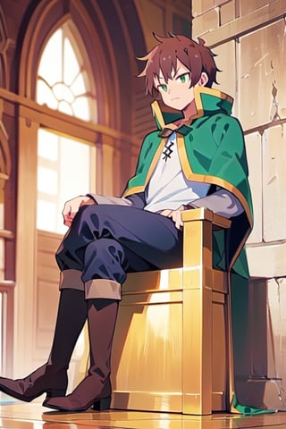 anime, kazuma, 1man, solo, brown hair, short hair, white shirt, pants, boots, green eyes, green cape, serious, sitting, trone, gold trone, palace, castle