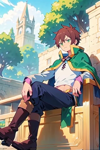 anime, kazuma, 1man, solo, brown hair, short hair, white shirt, pants, boots, green eyes, green cape, serious, sitting, trone, gold trone, palace, castle