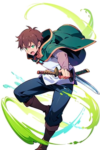 anime, kazuma, 1man, solo, brown hair, short hair, white shirt, pants, boots, green eyes, green cape, serious, sword, wowdk