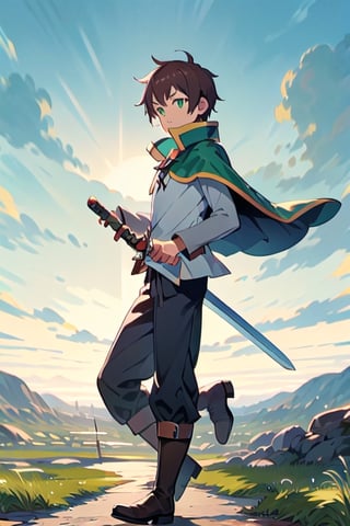 anime, kazuma, 1man, solo, brown hair, short hair, white shirt, pants, boots, green eyes, green cape, serious, sword, swordup