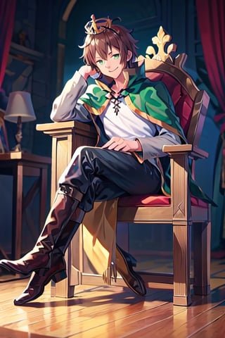 anime, kazuma, 1man, solo, brown hair, short hair, white shirt, pants, boots, green eyes, green cape, serious, sitting, (trone:1.2), gold trone, palace, crown, king, evil smile, pose