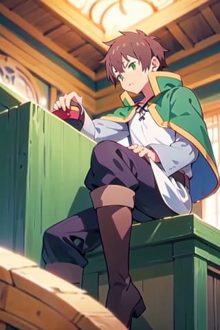 anime, kazuma, 1man, solo, brown hair, short hair, white shirt, pants, boots, green eyes, green cape, serious, sitting, trone, gold trone