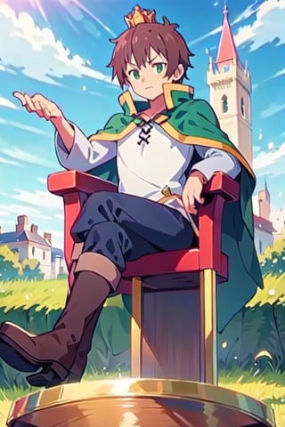 anime, kazuma, 1man, solo, brown hair, short hair, white shirt, pants, boots, green eyes, green cape, serious, sitting, (trone:1.2), gold trone, palace, castle, crown