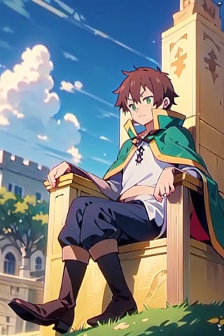 anime, kazuma, 1man, solo, brown hair, short hair, white shirt, pants, boots, green eyes, green cape, serious, sitting, (trone:1.2), gold trone, palace, castle, crown