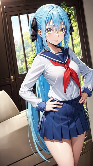 (masterpiece, best quality),ray tracing,absurdres,HDR,1girl,rimuru tempest,blue hair,yellow eyes,  long hair, breasts,,school uniform,  skirt, serafuku, sailor collar, v over eye, looking at viewer, pleated skirt, red neckerchief, neckerchief, white shirt, v, long sleeves, shirt, hand on hip, closed mouth, hair between eyes, smile, , (one side up:1.4), bangs, sailor shirt,  solo, black skirt,rimuru_tempest,long hair