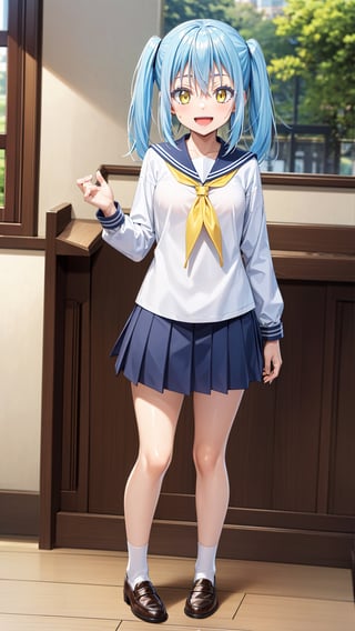 (masterpiece, best quality),ray tracing,absurdres,HDR,1girl,rimuru tempest, long hair,light blue hair, yellow eyes,medium breasts,,school uniform,  sailor collar, open mouth, shirt, serafuku, white shirt, red neckerchief, sailor shirt, neckerchief, hair between eyes,  smile,   shiny hair, blush, long sleeves, black sailor collar, looking at viewer, bangs, shiny, collarbone, :d, (one side up:1.4), black skirt, legs,white socks,brown loafers,,full body ,rimuru_tempest