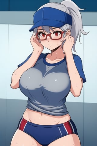 1 girl, silver hair, red eyes, big breasts, pronounced butt with sports clothes, cap and glasses, ponytail, tight clothes, sweating, wiping sweat from face with t-shirt, exposed navel, exposed tits