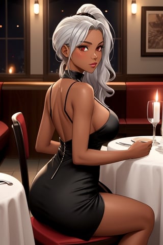 1 girl, silver hair, red eyes, big breasts, pronounced butt, long hair, semi-dark skinned woman, tanned, ponytail, under boob, restaurant, sitting on the seat, elbows resting on the table, hands under the chin, looking at the viewer from the front, evening dress, romantic dinner, candles, tablecloth on the table, male point of view, people in the background, woman with flirtatious/in love look