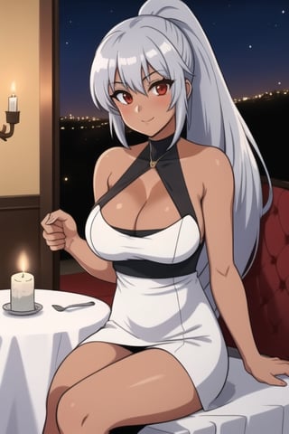 1 girl, silver hair, red eyes, big breasts, long hair, tanned, ponytail, under boob, restaurant, sitting on the seat, elbows resting on the table, hands under the chin, looking at the viewer from the front, evening dress, romantic dinner, candles, tablecloth on the table, male point of view, people in the background, woman with flirtatious/in love look