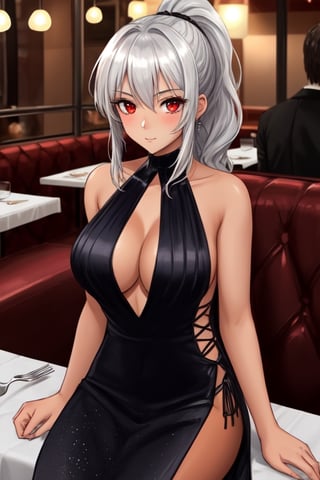 1 girl, silver hair, red eyes, big breasts, long hair, tanned, ponytail, under boob, restaurant, sitting on the seat, elbows resting on the table, hands under the chin, looking at the viewer from the front, evening dress, romantic dinner, candles, tablecloth on the table, male point of view, people in the background, woman with flirtatious/in love look