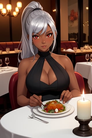 1 girl, silver hair, red eyes, big breasts, long hair, semi-dark skinned woman, tanned, ponytail, under boob, restaurant, sitting on the seat, elbows resting on the table, hands under the chin, looking at the viewer from the front, evening dress, romantic dinner, candles, tablecloth on the table, male point of view, people in the background, woman with flirtatious/in love look