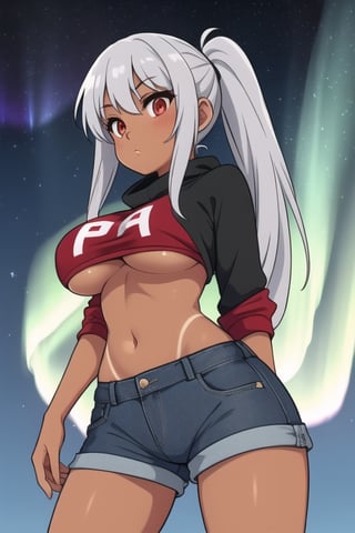 1 girl, silver hair, red eyes, big breasts, pronounced butt, exposed navel, black leggings, sweatshirt, denim shorts, long hair, brunette woman, pigtail, exposed breasts, under boob, tight pants, tanned, background with northern lights and stars in the sky.