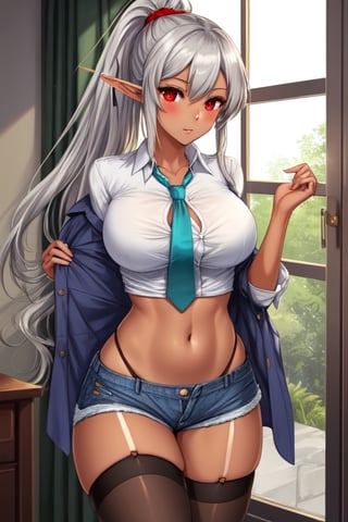 1 girl, silver hair, red eyes, tan, big breasts, wide hips, button-down shirt and tie, jean shorts, thigh-high stockings, long hair, ponytail, abdomen, sexy thong, elf ears (side chest internal; lateral chest; chest window; under the chest)