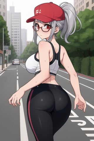 1 girl with fine features, silver hair, red eyes, big breasts, pronounced butt with sportswear, cap and glasses, ponytail, tight clothing, running/jogging/walking on the street, sweating, exposed navel